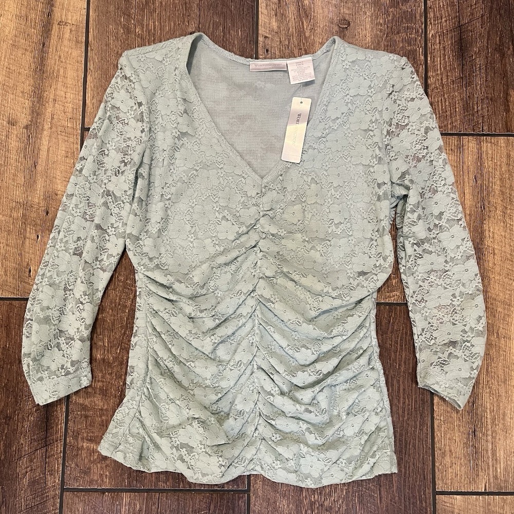 Worthington Lace Stretch 3/4 Sleeve Gathered Blouse Baby Blue Size S Women's